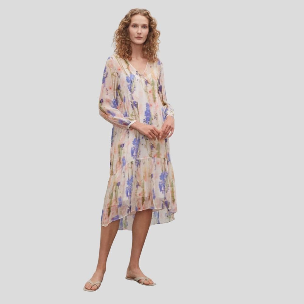 Club Monaco Floral Tiered Midi Dress Long Sleeve Boho Romantic Size M NWT